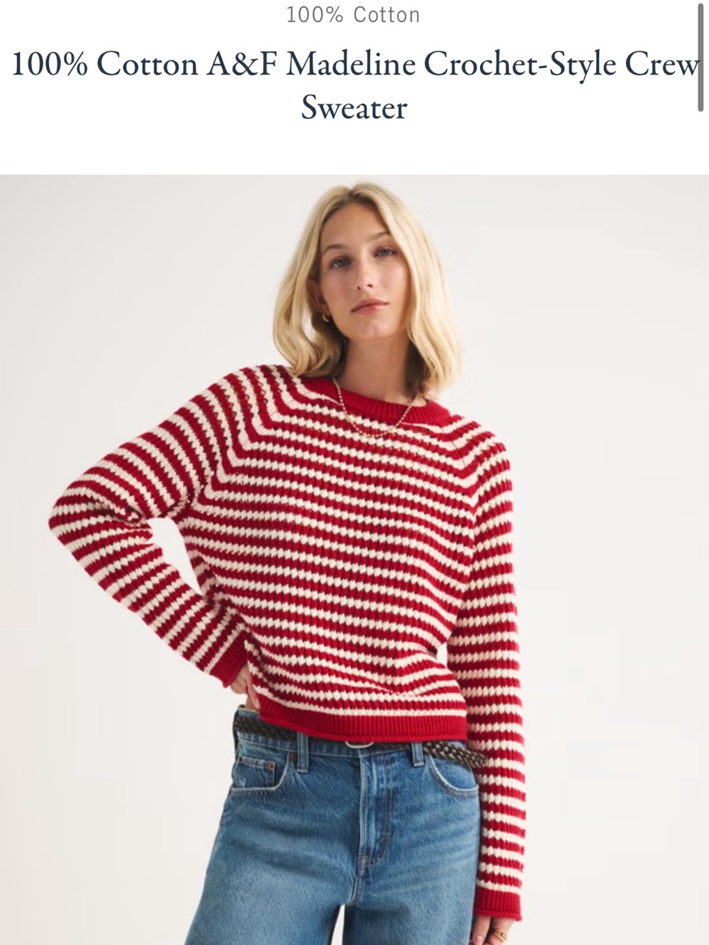 A&F Madeline Red and White Striped Crochet-Style Crew Sweater